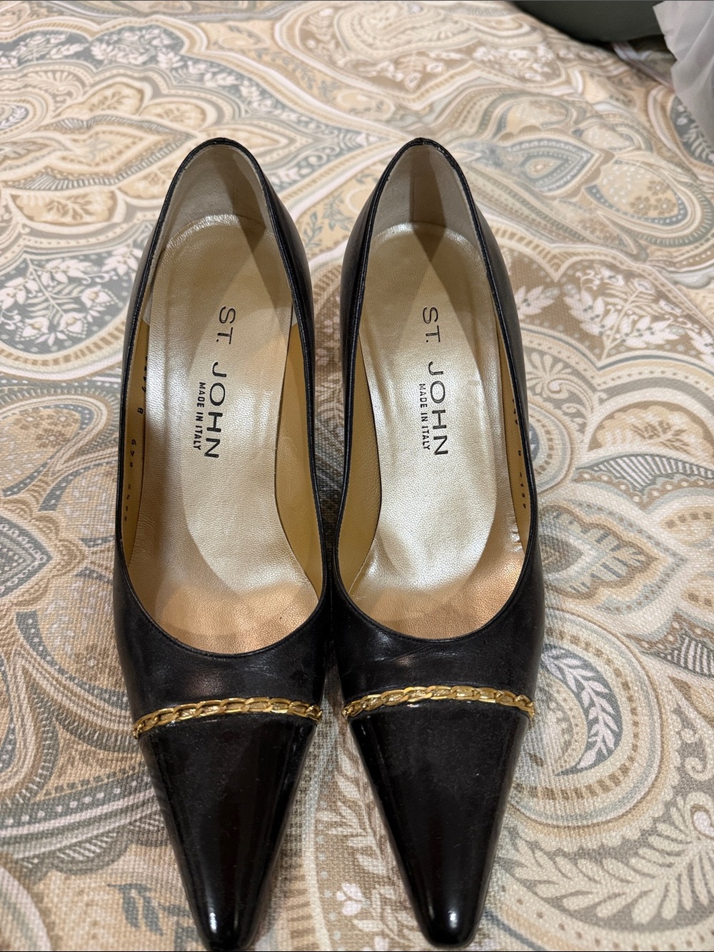 St. John Black Pointed Toe Pumps with Gold Chain Trim